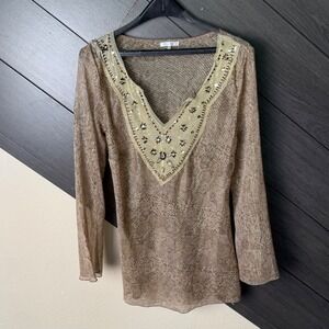 Metro 7 Women's Sheer Metallic Embellished Tunic Top Size L Fairycore BOHO